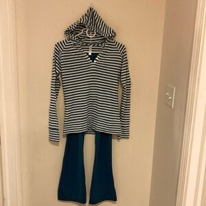 SOYBU Hoodie and Yoga Pants Set M Teal and White Striped and Teal Pants